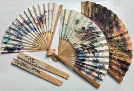 Vintage Oriental Paper Fans – Wooden Handles – 3 pc