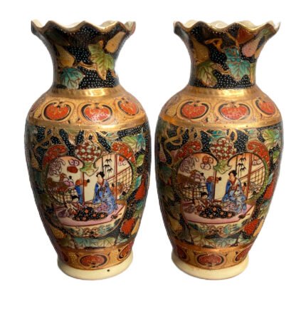 Decorative Vase Pair – Gold Accented – Asian-Style Design with Geisha Women – Rare – Pair