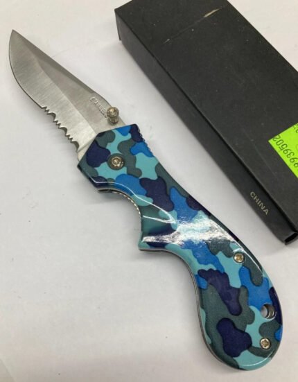 Blue Camo Knife – Combo Blade Liner Lock Pocket Clip – YK-102C