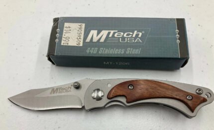 Folding Knife – M-Tech MT-1206 – Silver/Wood Handle – Plain Edge – Item# MT-1206