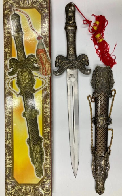 Decorative Dagger – Long Buddha Design – Blood Groove – Sheath with Chains and Red Tassel – HK2588