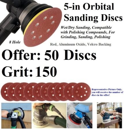150 Grit Round Hook/Loop Sanding Disc – Red Alum Oxide – Size 5" – 50 Pack – Orbital